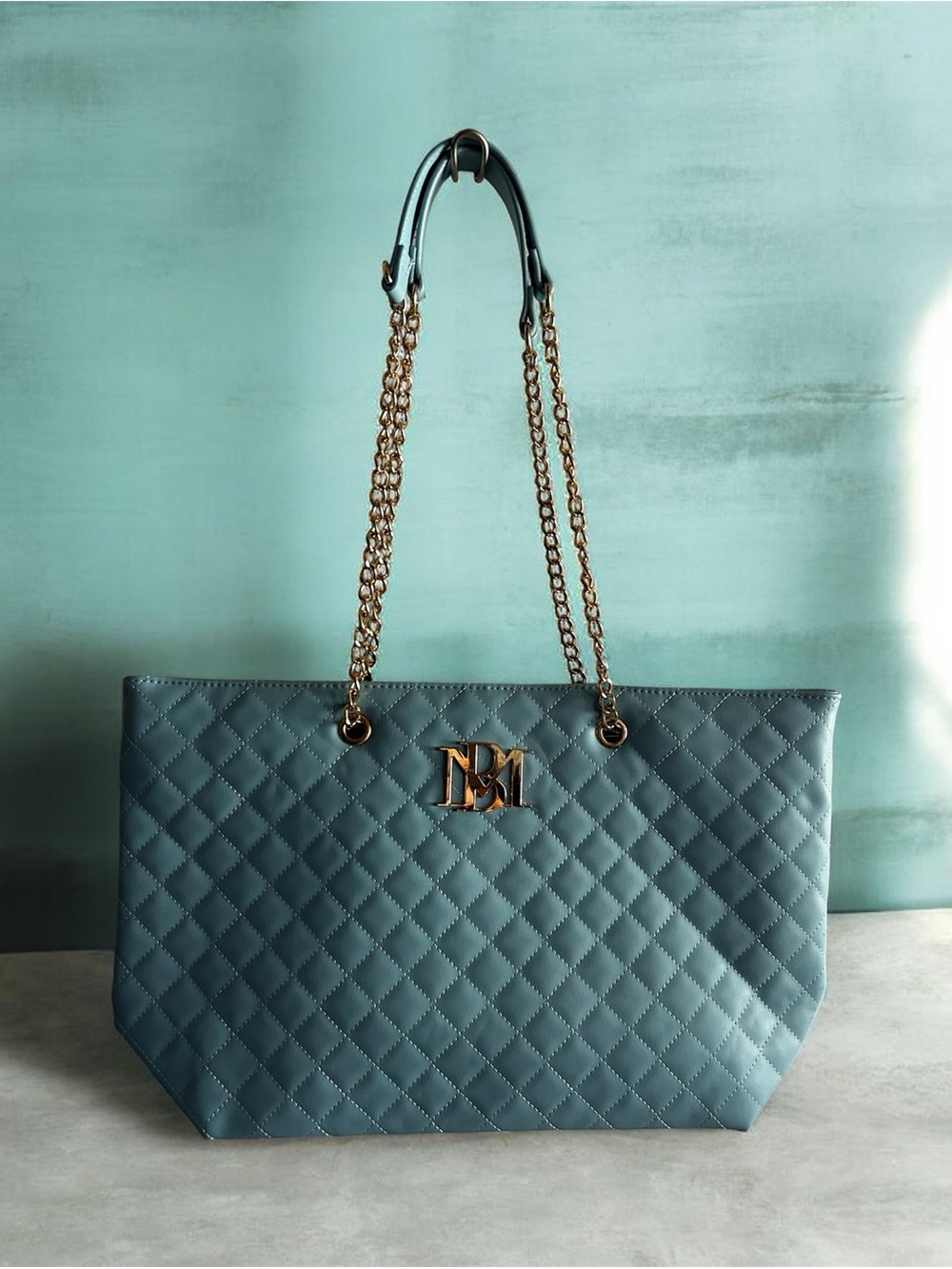 Badgley Mischka Quilted Blue Tote Bag with Gold Chain Handles
